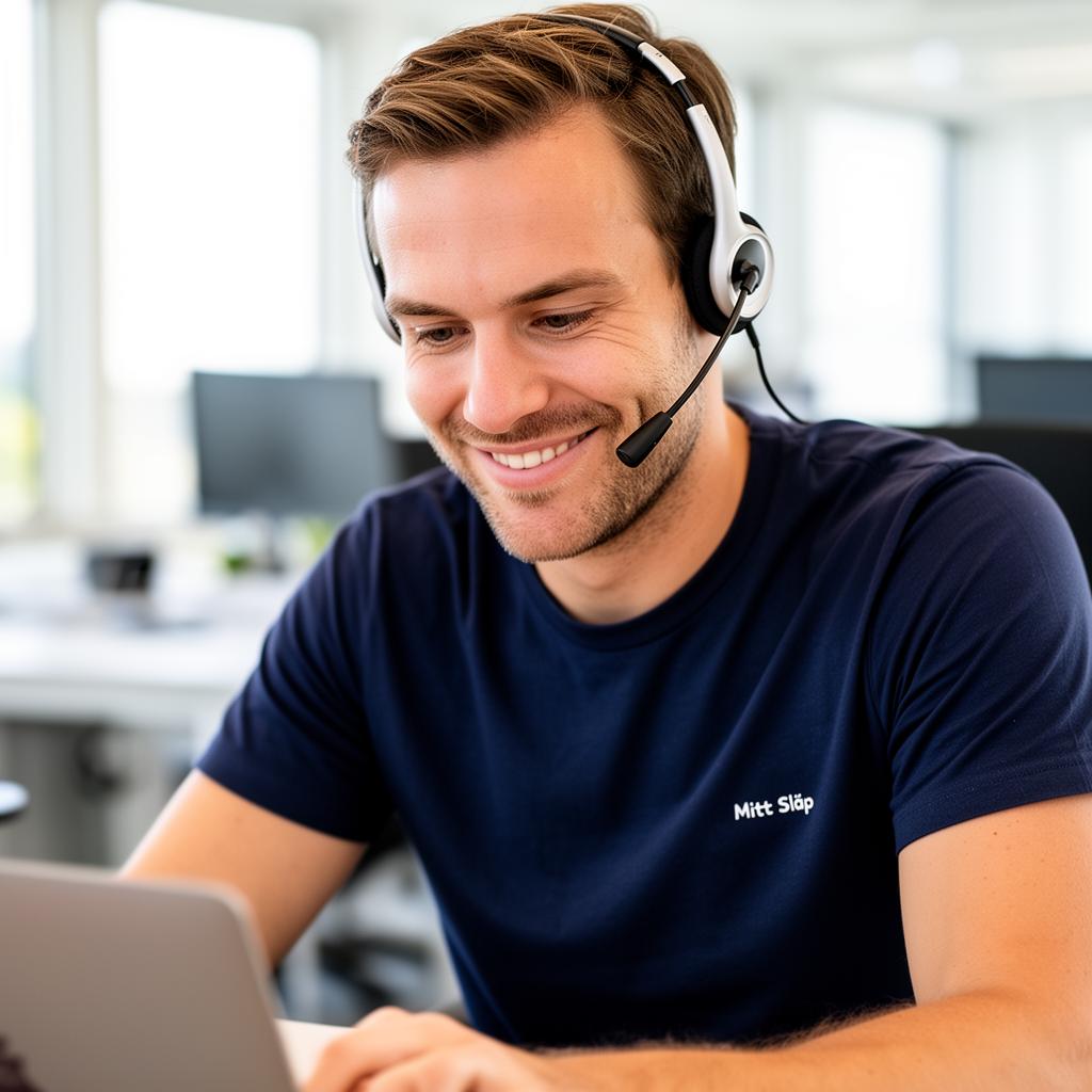 Mitt Släp supportmedarbetare med headset redo att hjälpa dig
